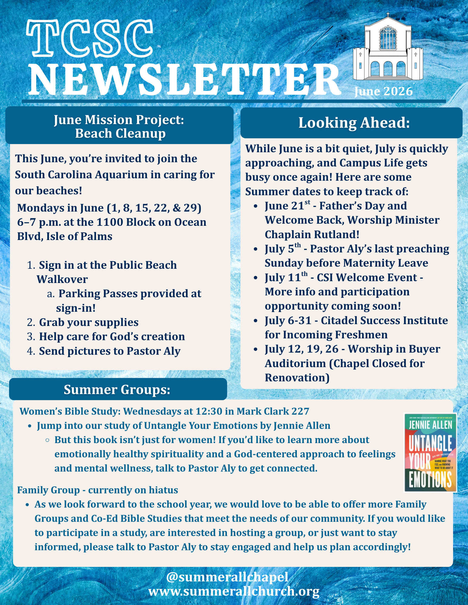 Newsletter with information about mission projects, important dates, summer bible studies, and contact information