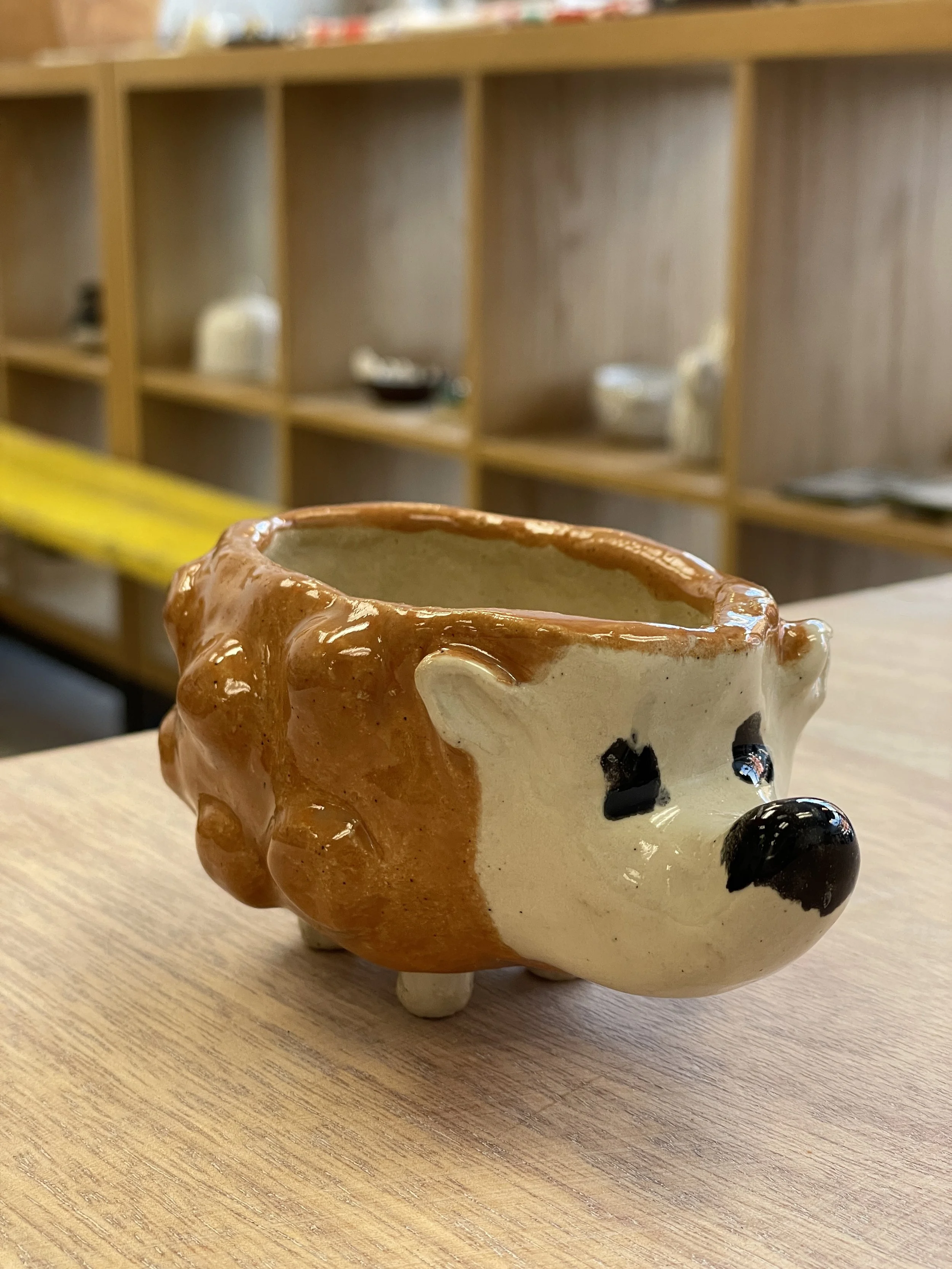 Ceramic planter shaped like a hedgehog on a wooden table with shelves in the background.
