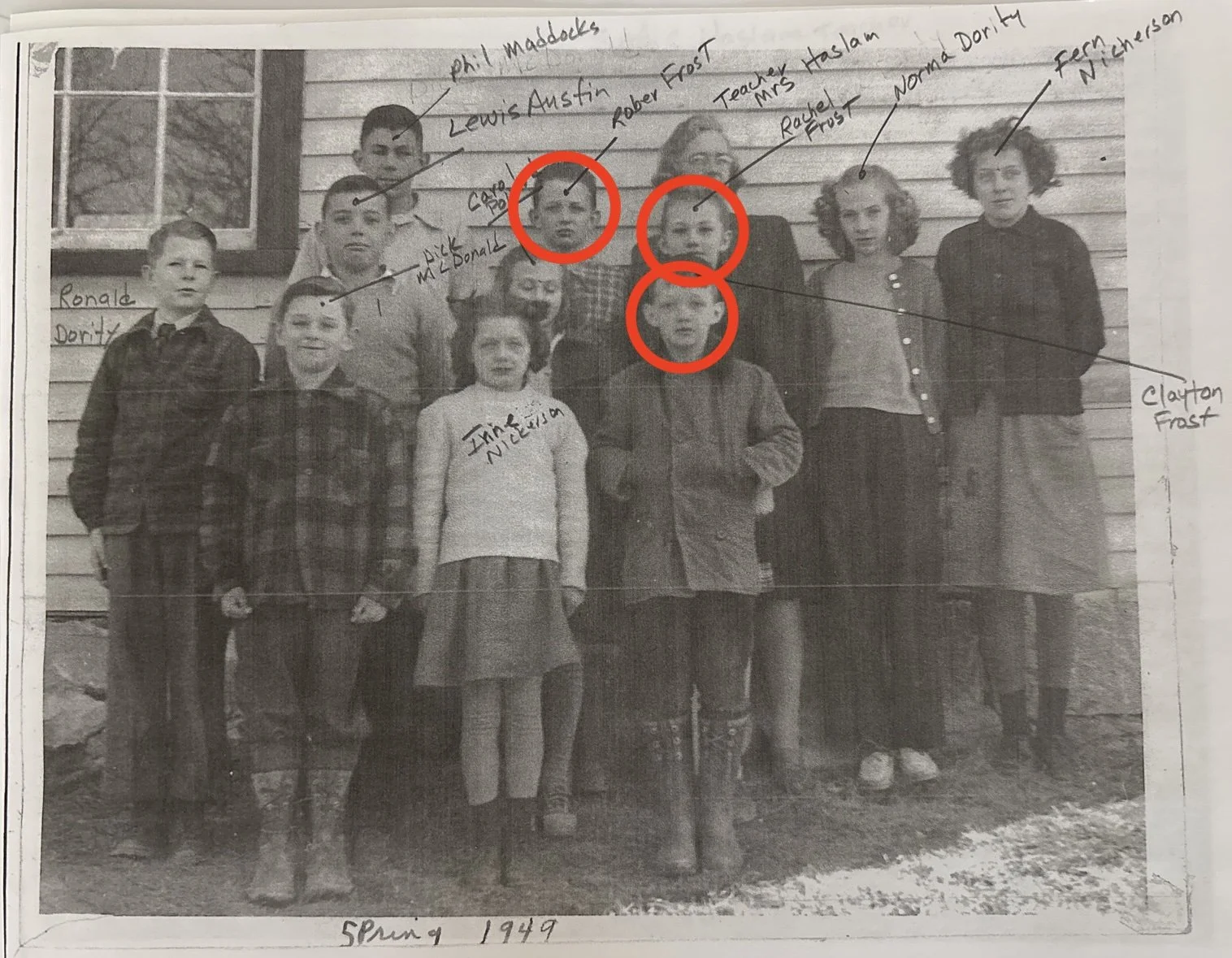 The Frost siblings outside the Mariaville Lincoln Schoolhouse 1949
