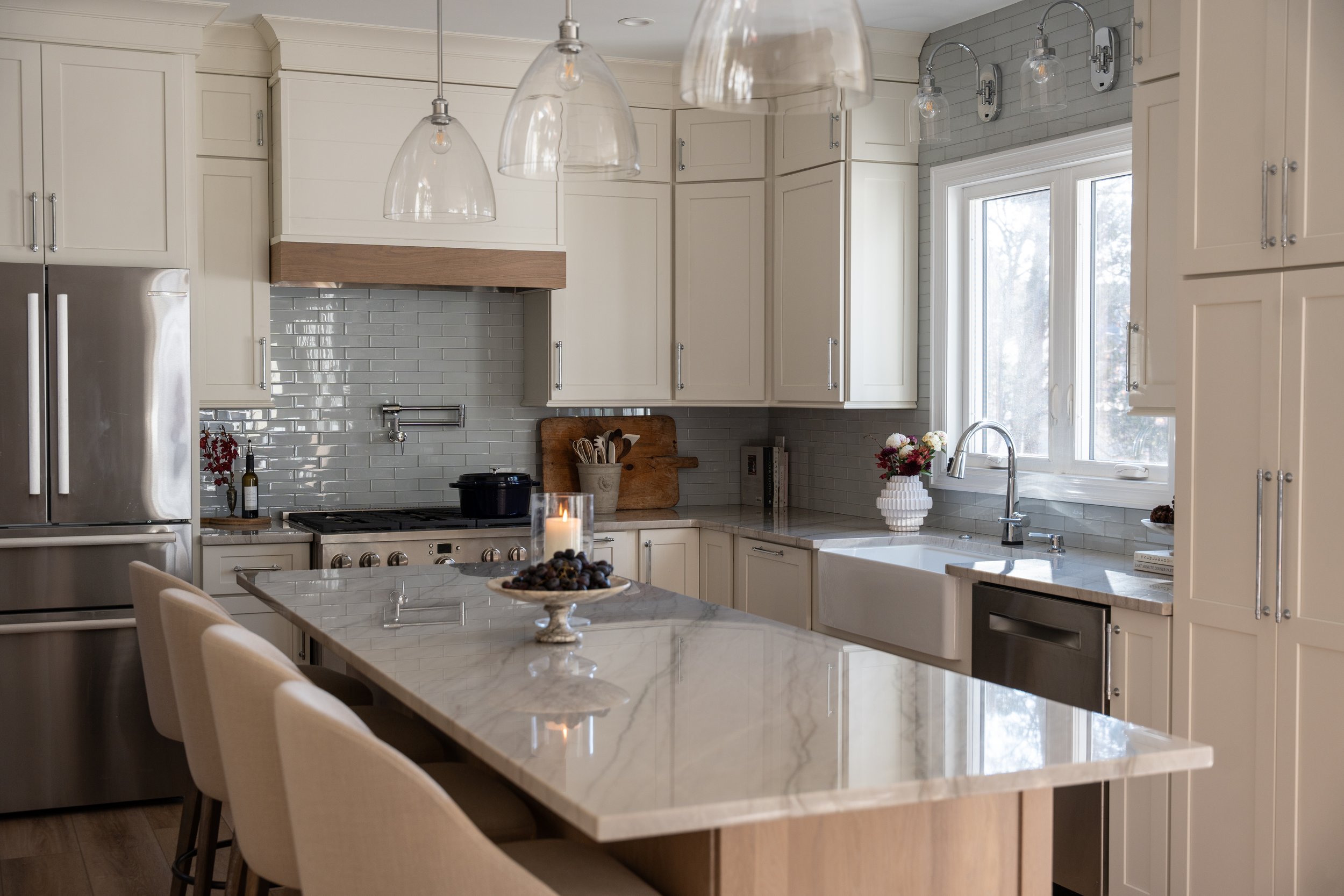 A kitchen fully renovated by Apex Home Design. Apex Home design is a New Jersey based remodeling company. Cabinetry by Cora Cabinetry.