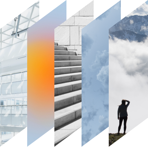 A collage of four images: an airport terminal interior, a set of stairs, a cloudy sky with mountains, and a person standing on a hilltop.