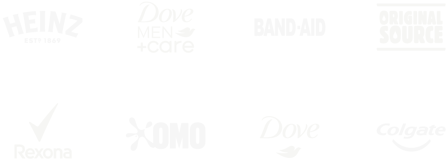 A collage of black-and-white logos of various health and personal care brands, including Heinz, Dove, Band-Aid, Original Source, Rexona, Omo, Colgate, and others.