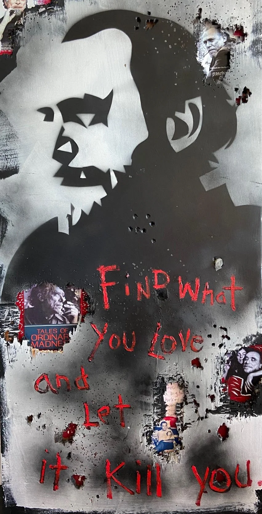 Charles Bukowski (Poet)，
Acrylic and Buckshot on Wood