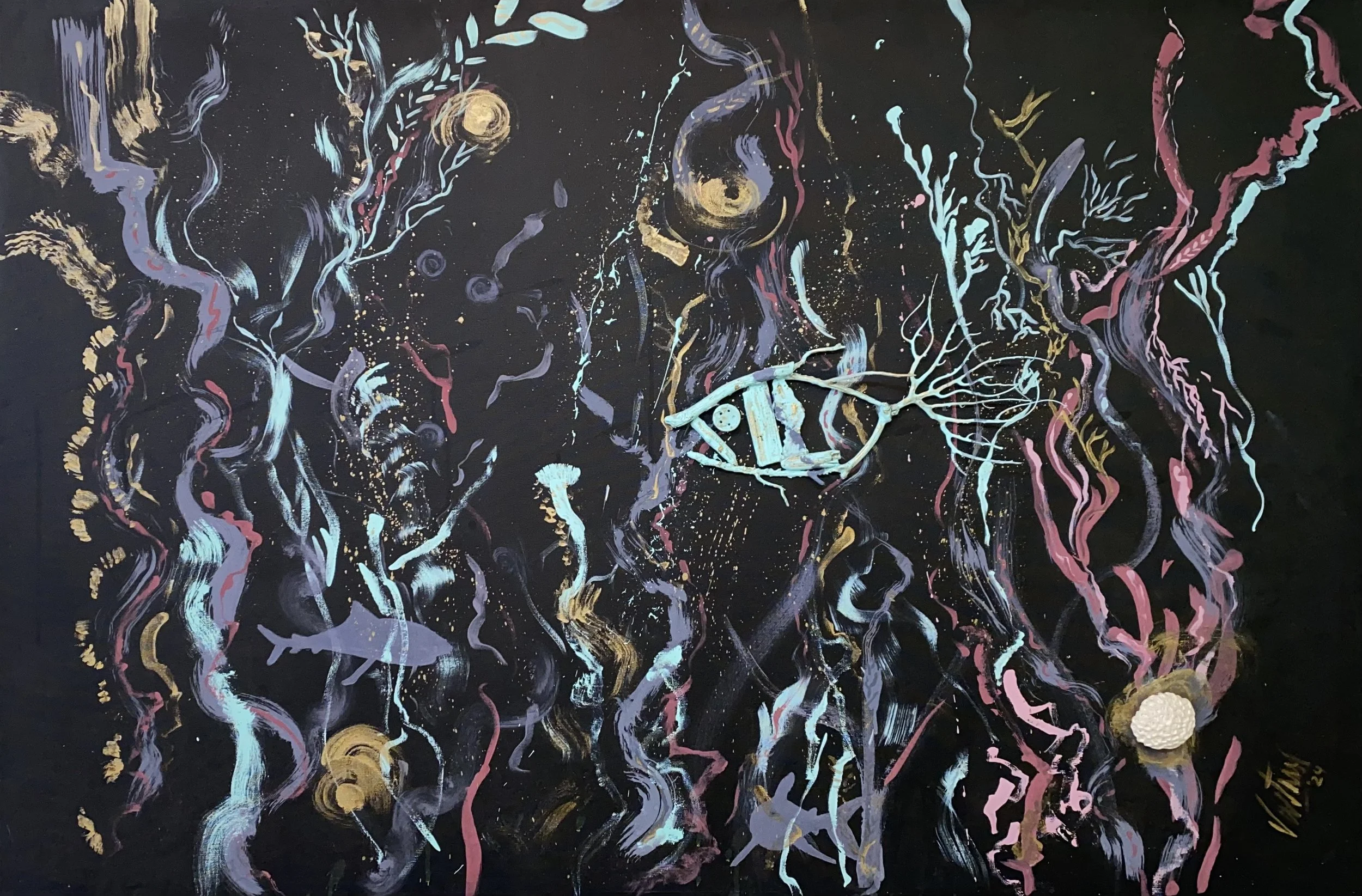 "Under" Chalked paint, driftwood, coral on canvas, 
