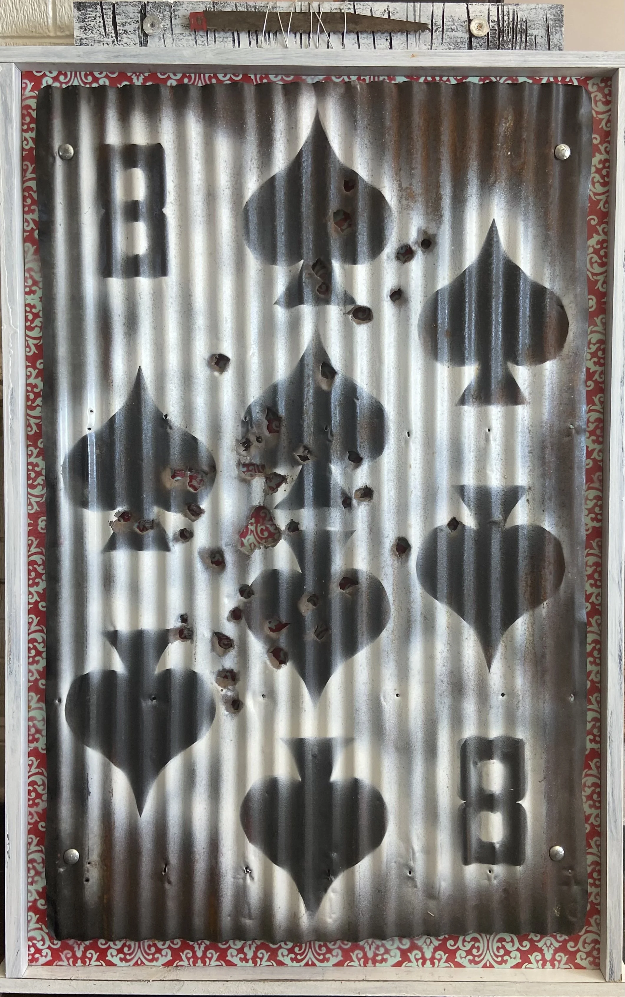 8 of Spades,
Buckshot and Acrylic on Corrugated Tin