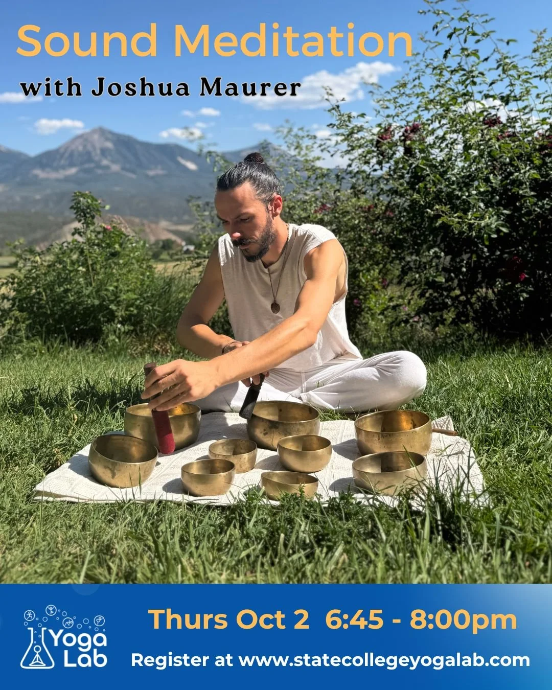 This Thursday! Sound Meditation will be offered the first Thursday of every month this fall, 6:45-8pm. Save the dates and register now!
Oct 2
Nov 6
Dec 4

Cost: $25 (10% Discount for Unlimited &amp; Premium Members)
Preregistration required (link in 