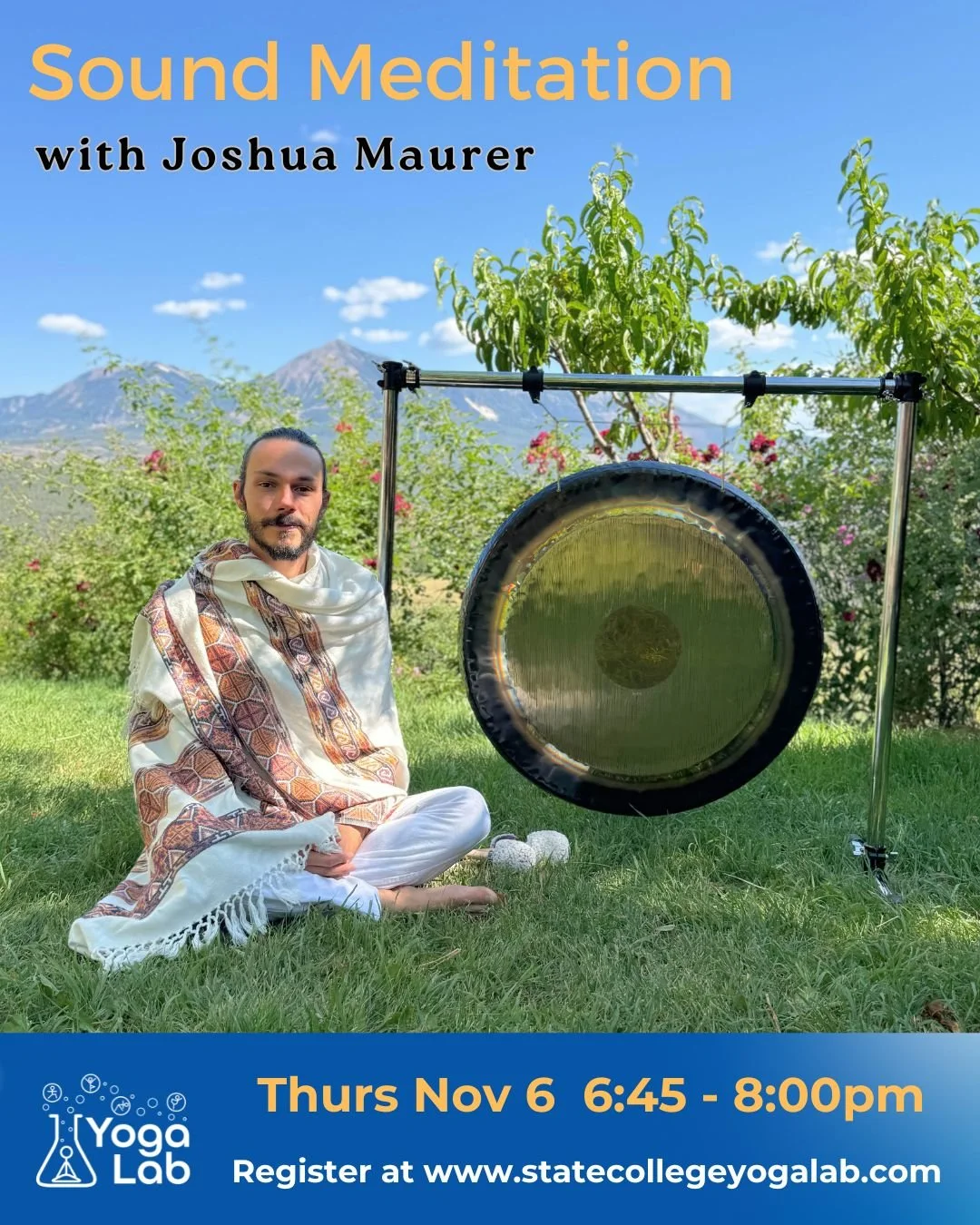Save the date for Sound Meditation Nov 6th!  Offered the first Thursday of every month this fall, 6:45-8pm.
Cost: $25 (10% Discount for Unlimited & Premium Members)
Preregistration required (link in bio)
Joshua’s sound meditations include