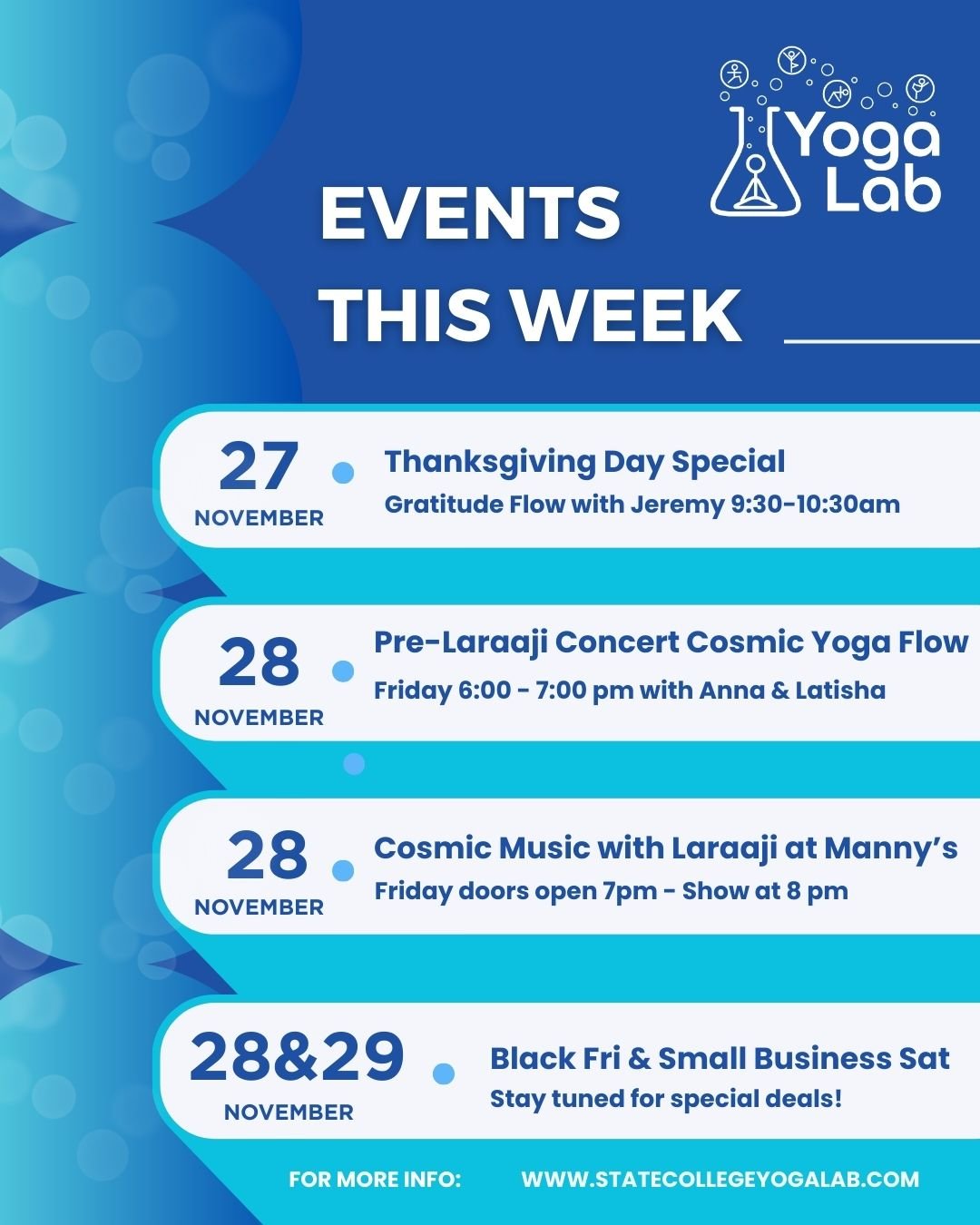 Classes continue over Thanksgiving Break plus some exciting special events!

🙏💗 Thanksgiving Day Special 
Thursday 11/27 9:30-10:30am with Jeremy
Ground yourself in gratitude in this special holiday flow to unplug before festivities begin. All proc