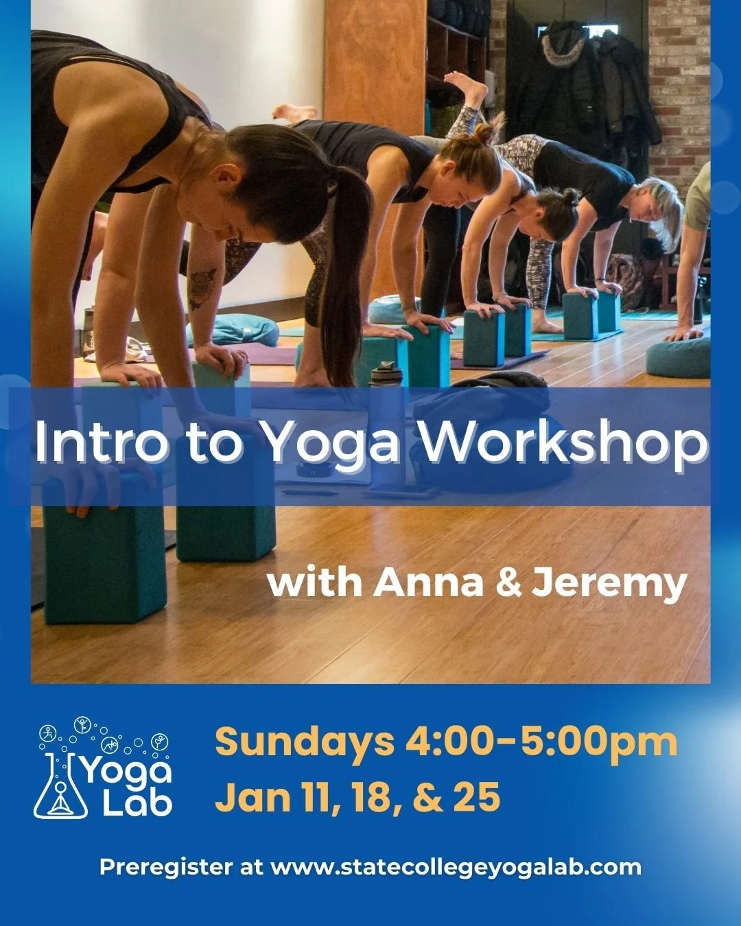 New to yoga? Get started in the new year with lots of support from two of Yoga Lab's Co-Founders!

Intro to Yoga is a 3-week workshop designed for individuals with little or no yoga experience. Co-taught by Yoga Lab Co-Founders Anna &amp; Jeremy Enge