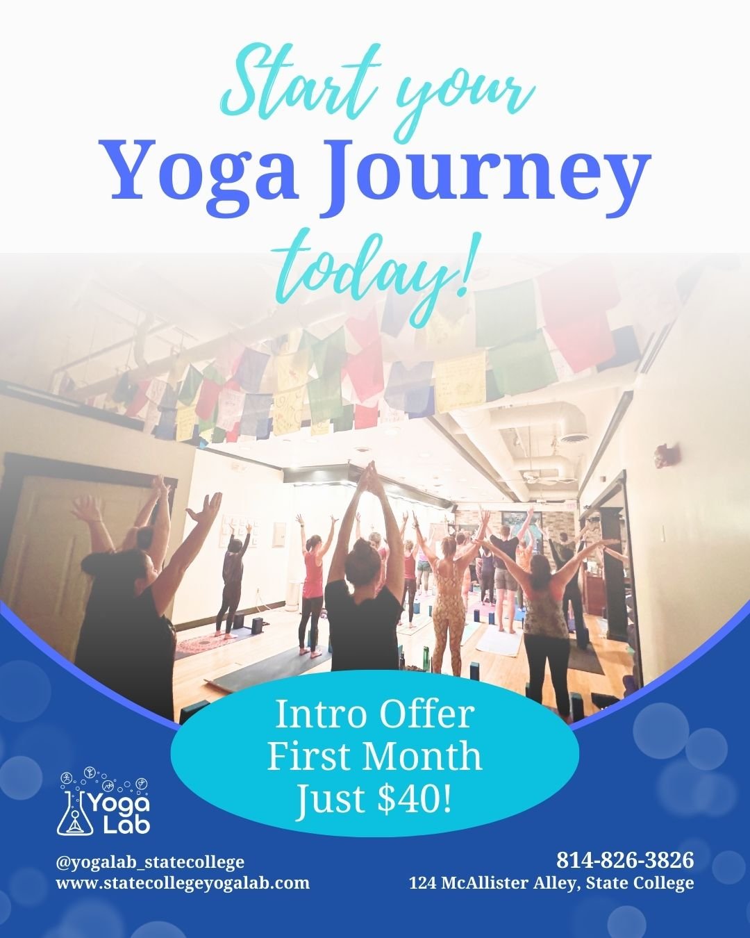 Ready to get back into your yoga practice?
Kickstart your journey with us! 
&bull; 1st month unlimited classes
&bull; Just $40!

Now's the time to get a jump on your New Year's resolutions with one month of UNLIMITED yoga at a great bargain! 

Bonus 