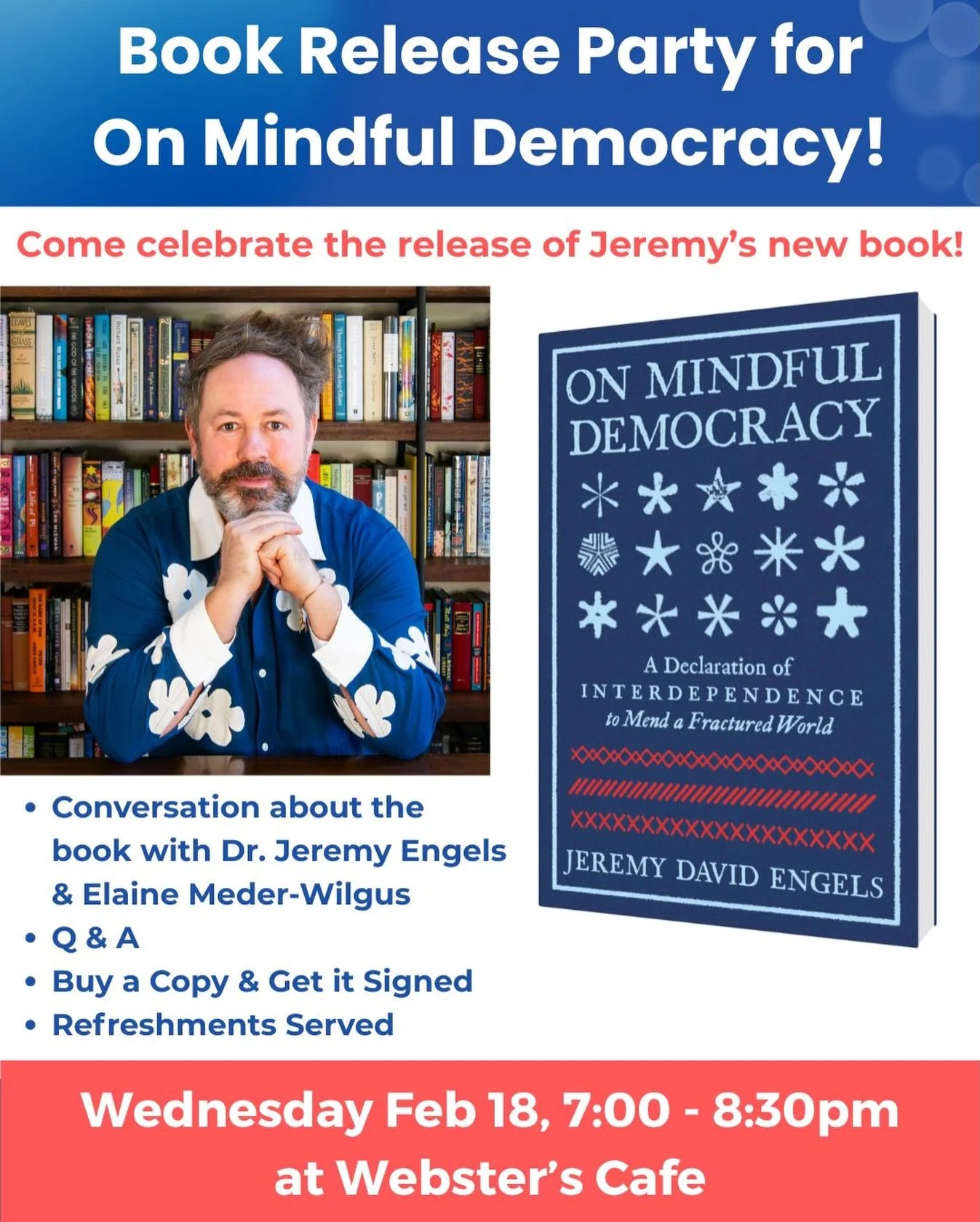 Yoga Lab congratulates co-founder and Penn State Professor Jeremy Engels on the publication of his new book On Mindful Democracy: A Declaration of Interdependence to Mend a Fractured World! (link in bio)

There will be a book launch party at Webster&