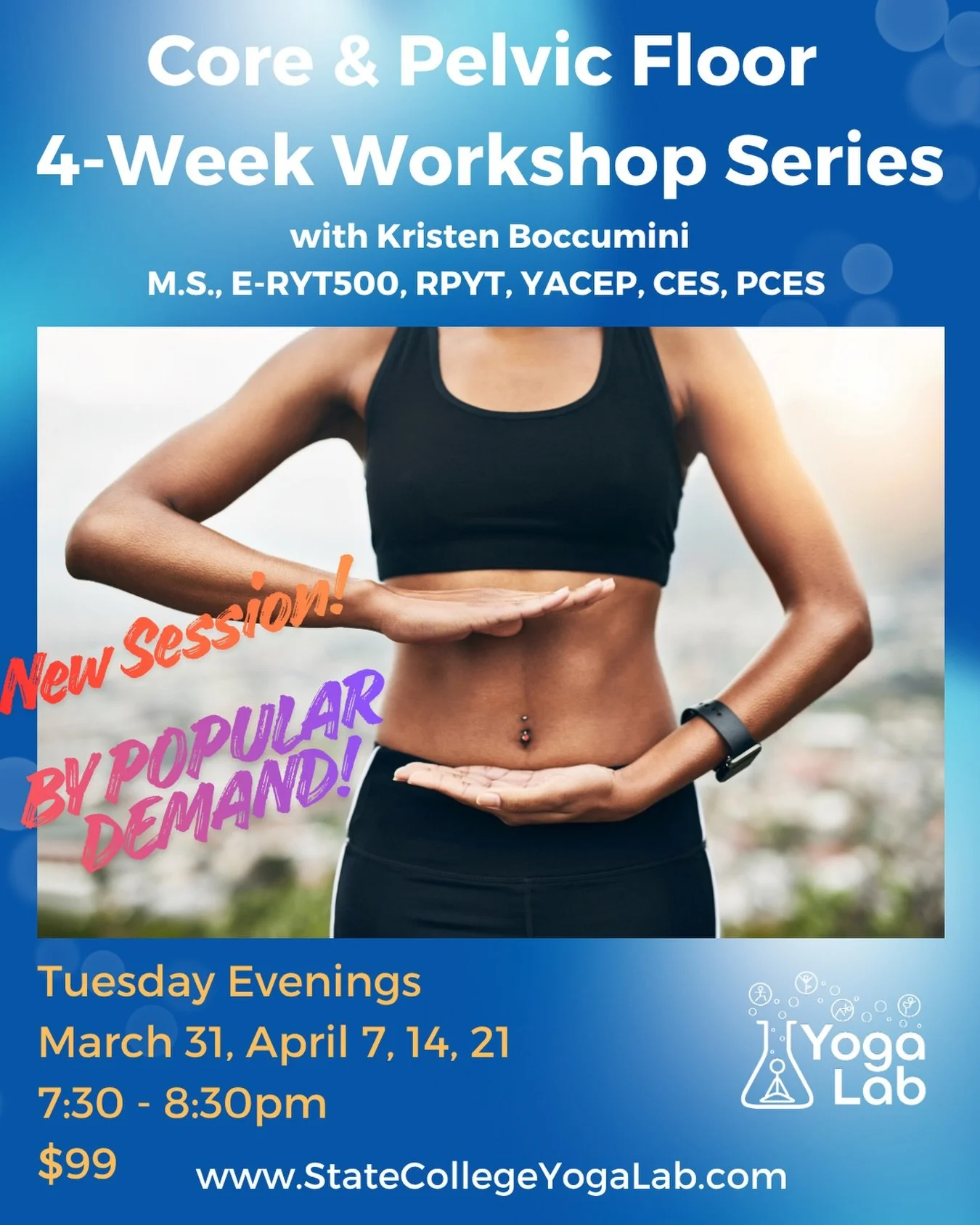 Begins next Tuesday March 31! Another Core &amp; Pelvic Floor 4-week series added due to popular demand!

Join me Tuesday nights March 31, April 7, 14, 21 from 7:30-8:30pm to learn how to get your core to function properly and dynamically after a lif
