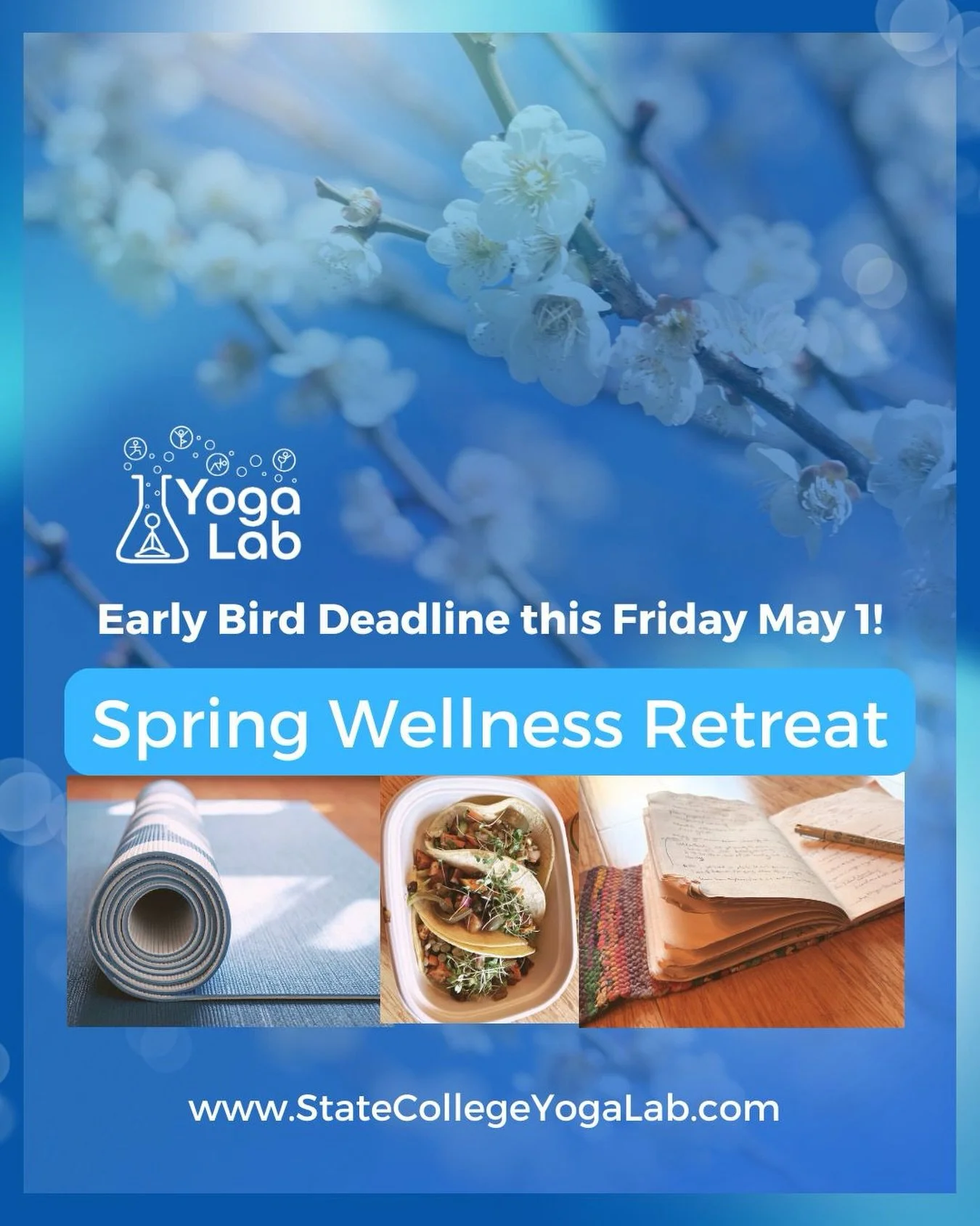 Spring Wellness Retreat: Saturday May 16, 11am-4pm
Early Bird Discount Code: SAVER&amp;R
Register by Friday May 1 to save! (EarlyBird $99, reg $120)

Step away from your daily responsibilities and renew yourself during this nourishing half-day retrea