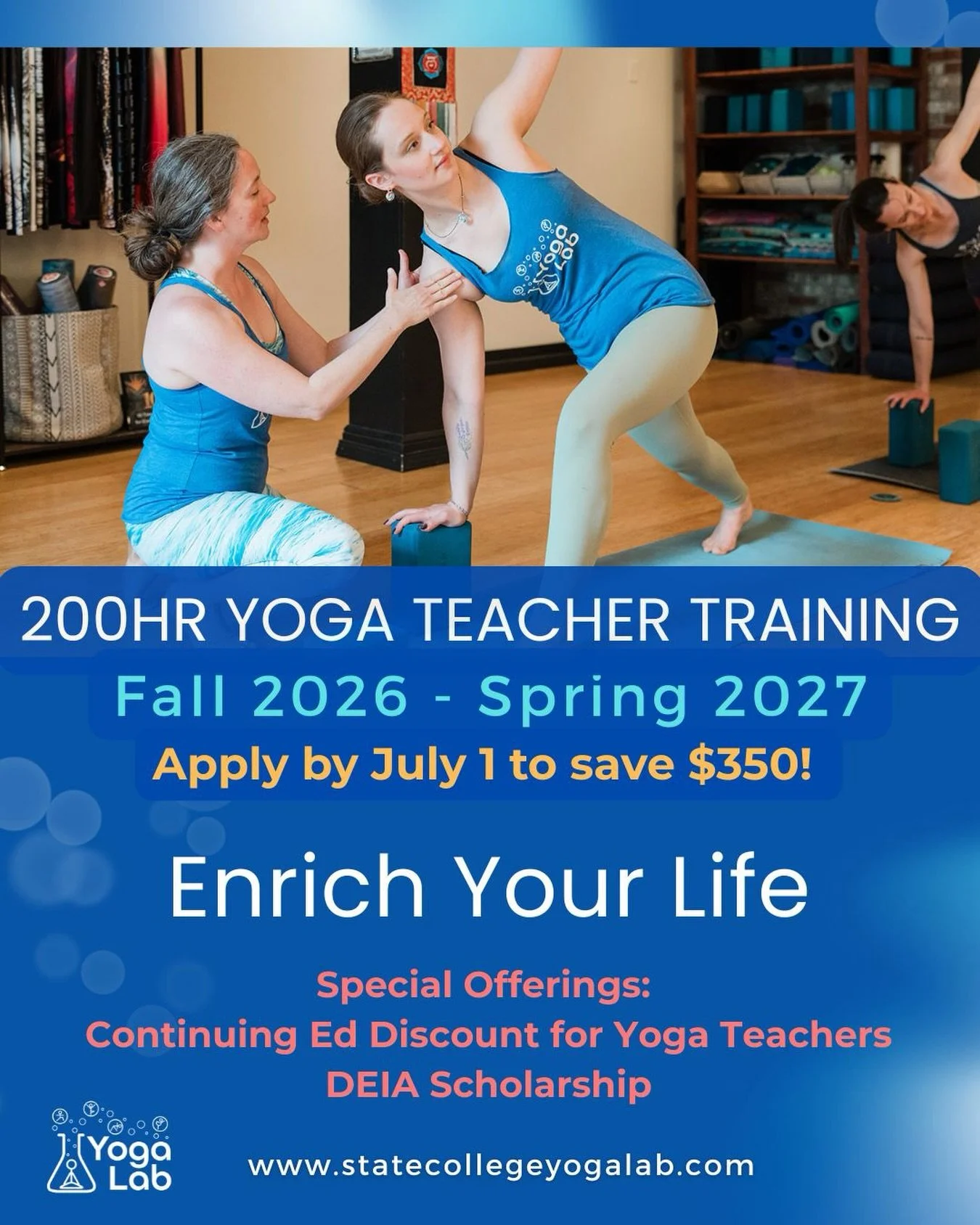 Grow, connect authentically, and inspire positivity as a yoga teacher! Apply for our 200- Hour Yoga Teacher Training! Save $350 with the Early Bird Discount - apply by July1!!

Training begins Aug 21.
9 Live Weekend Intensives, meeting once a month
1