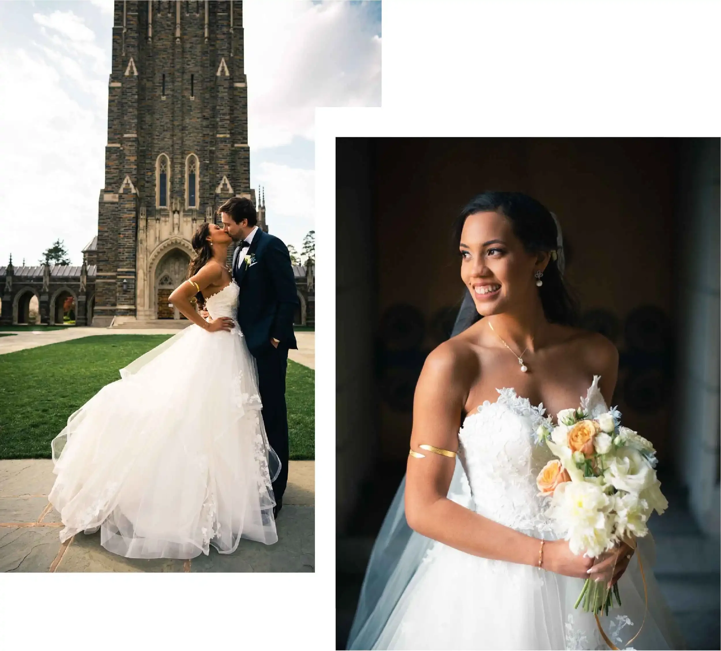 Bride and groom kissing outside a church, with bridal portrait holding a bouquet indoors