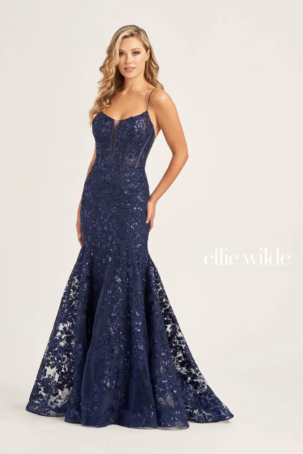 chinese dress ladies Navy Blue Sparkly Lace Mermaid Prom Dresses with Spaghetti Straps & V-Neck main image 1