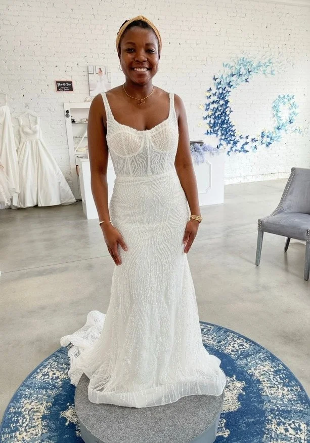 bride wearing a classic beaded ivory wedding dress in raleigh nc at gavin christianson bridal