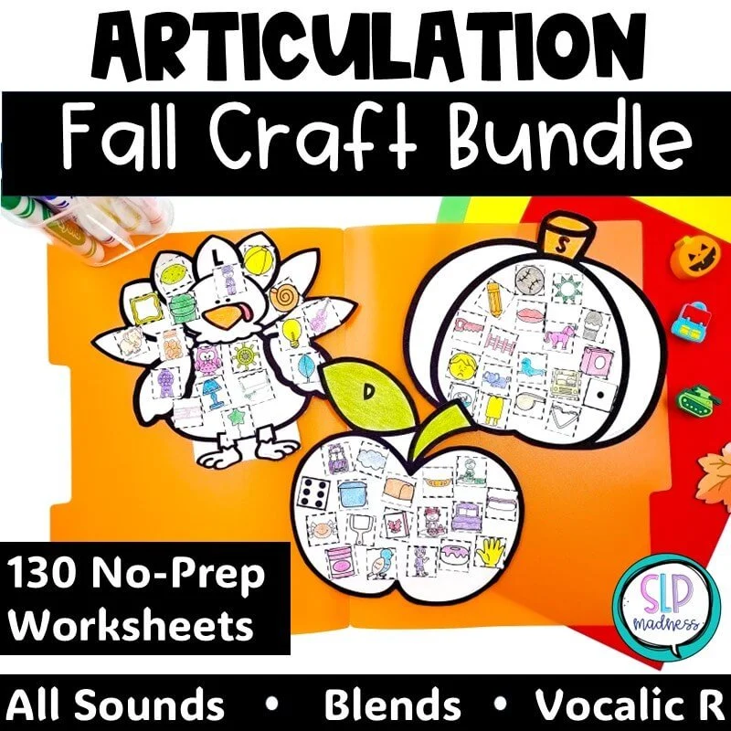 Back to School Halloween Articulation Turkey Speech Therapy Activities Fall Apple Crafts Bundle