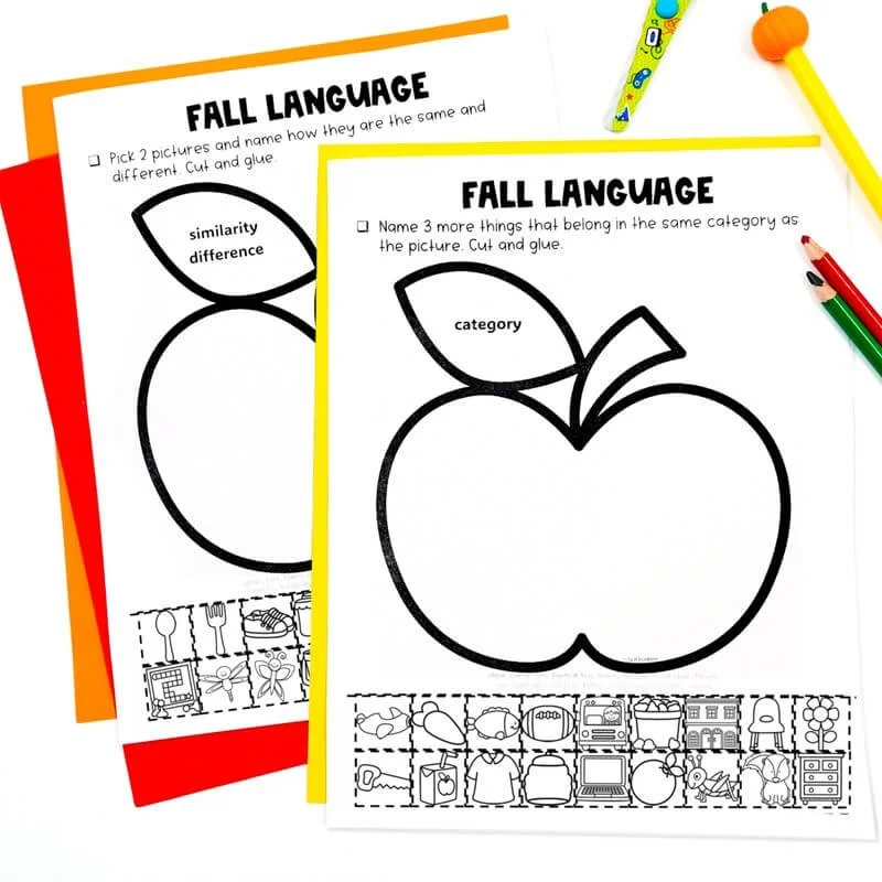 apple theme speech therapy worksheets