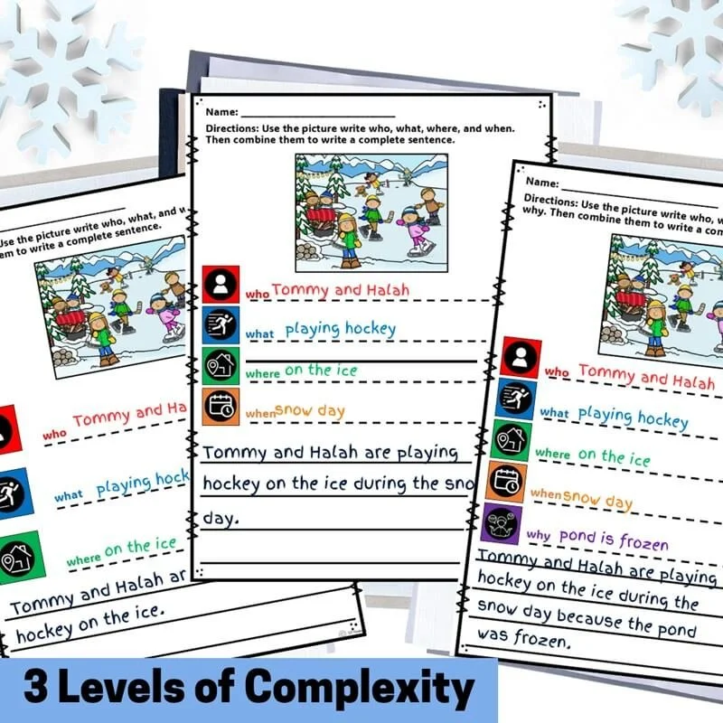 winter stretch a sentence picture scenes and sentence writing worksheets