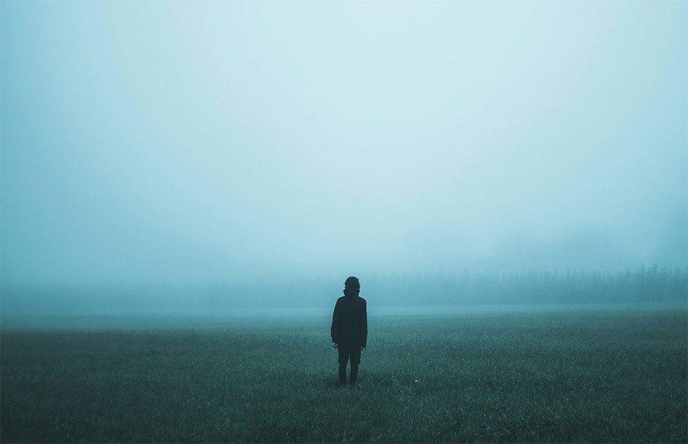 Person standing in an open field with misty blue sky, taken from behind