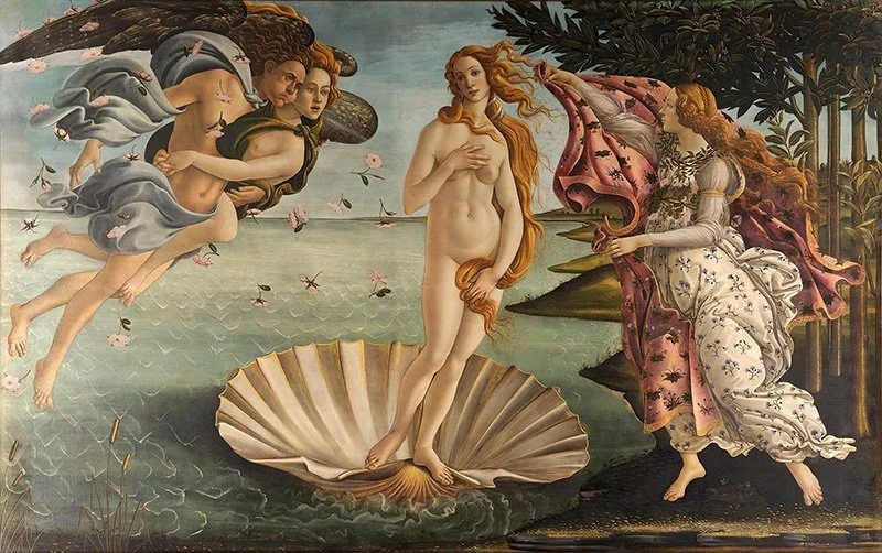 Image of Birth of Venus by Sandro Botticelli which features the goddess Venus arising from a shell on the water