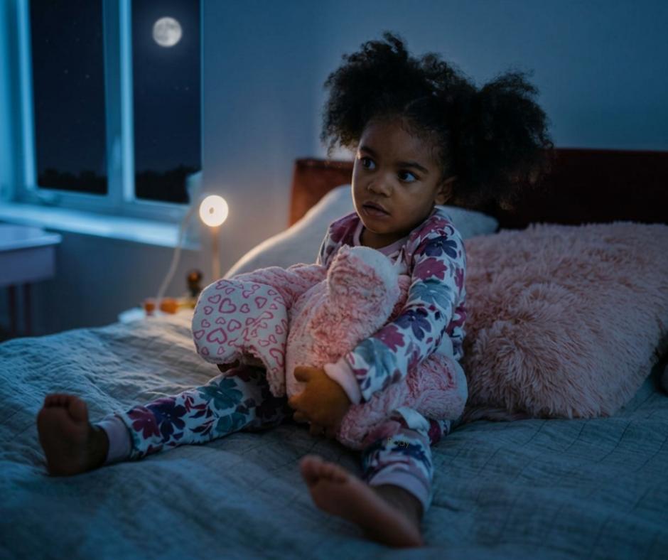 Child sitting on her bed at bedtime holding a pillow, illustrating how bedtime anxiety can contribute to sleep difficulties in neurodivergent children.
