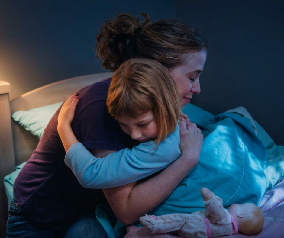 A mother hugs her child in bed at bedtime, illustrating the calm, connected presence that supports co-regulation and helps neurodivergent children feel safe enough to settle into sleep.