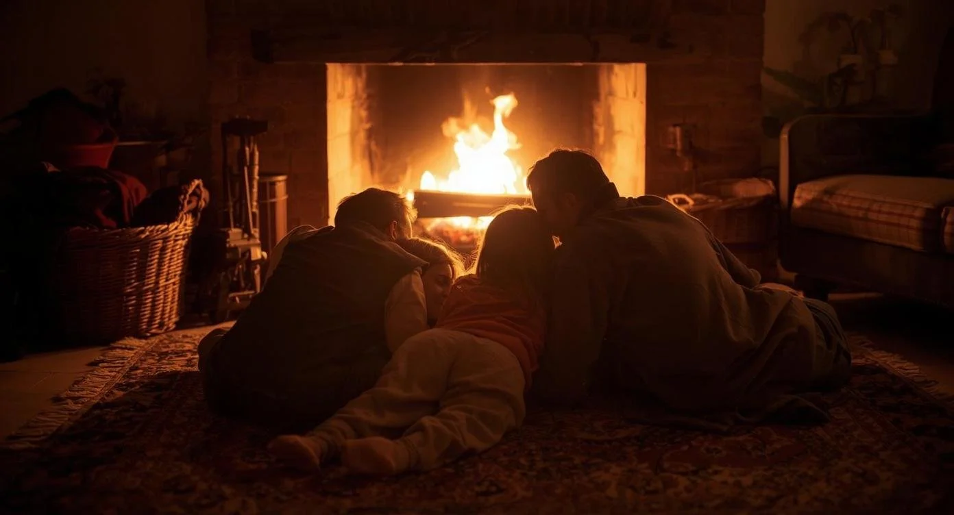 family snuggling by fireplace before bedtime during holidays