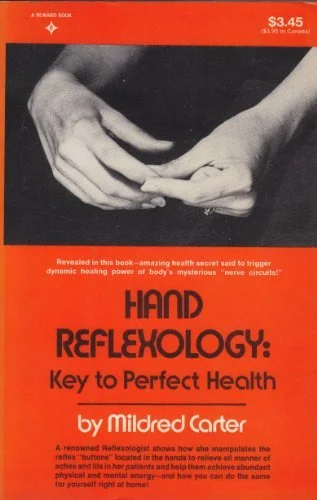 Book cover of 'Hand Reflexology: Key to Perfect Health' by Mildred Carter, featuring an image of hands and bold typography on an orange background.