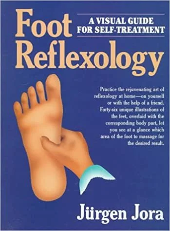 Book cover of 'Foot Reflexology: A Visual Guide for Self-Treatment' by Jürgen Jora, featuring an illustration of feet and descriptive text about reflexology benefits.