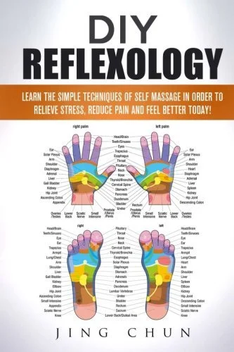 Book cover for "DIY Reflexology" by Jing Chun, featuring colorful foot reflexology maps and text about self-massage techniques.