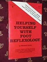 "Helping Yourself with Foot Reflexology" book cover, red backdrop, by Mildred Carter, with a white diamond-shaped overlay and description.