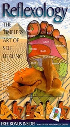 Colorful reflexology poster featuring a foot diagram with labeled points, illustrating different body parts and systems. The text reads 'Reflexology: The Timeless Art of Self Healing.' Includes a note about a free bonus reflexology chart, with an image of people in various seated positions.