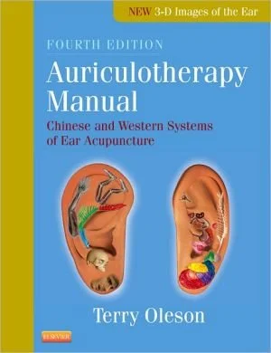 Cover of the "Auriculotherapy Manual" Fourth Edition by Terry Oleson, featuring images of ears with acupuncture points and anatomical illustrations.
