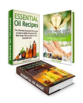 A set of three books about essential oils and reflexology. The titles are "Essential Oil Recipes," "Reflexology," and "Essential Oil Magic." Each book cover features images related to their themes.