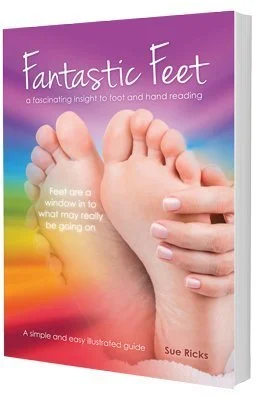 Book cover of 'Fantastic Feet' by Sue Ricks, featuring a close-up photo of a person's feet with colorful background, promoting foot and hand reading insights.