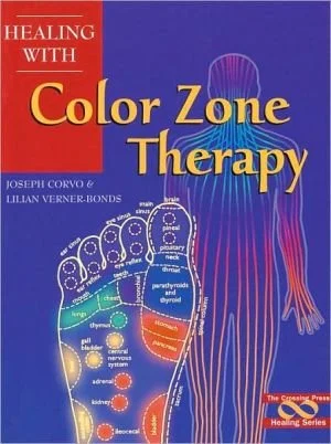 Book cover titled 'Healing with Color Zone Therapy' by Joseph Corvo and Lilian Verner-Bonds, featuring an illustrated human figure and a diagram of a foot with labeled zones corresponding to different body parts.