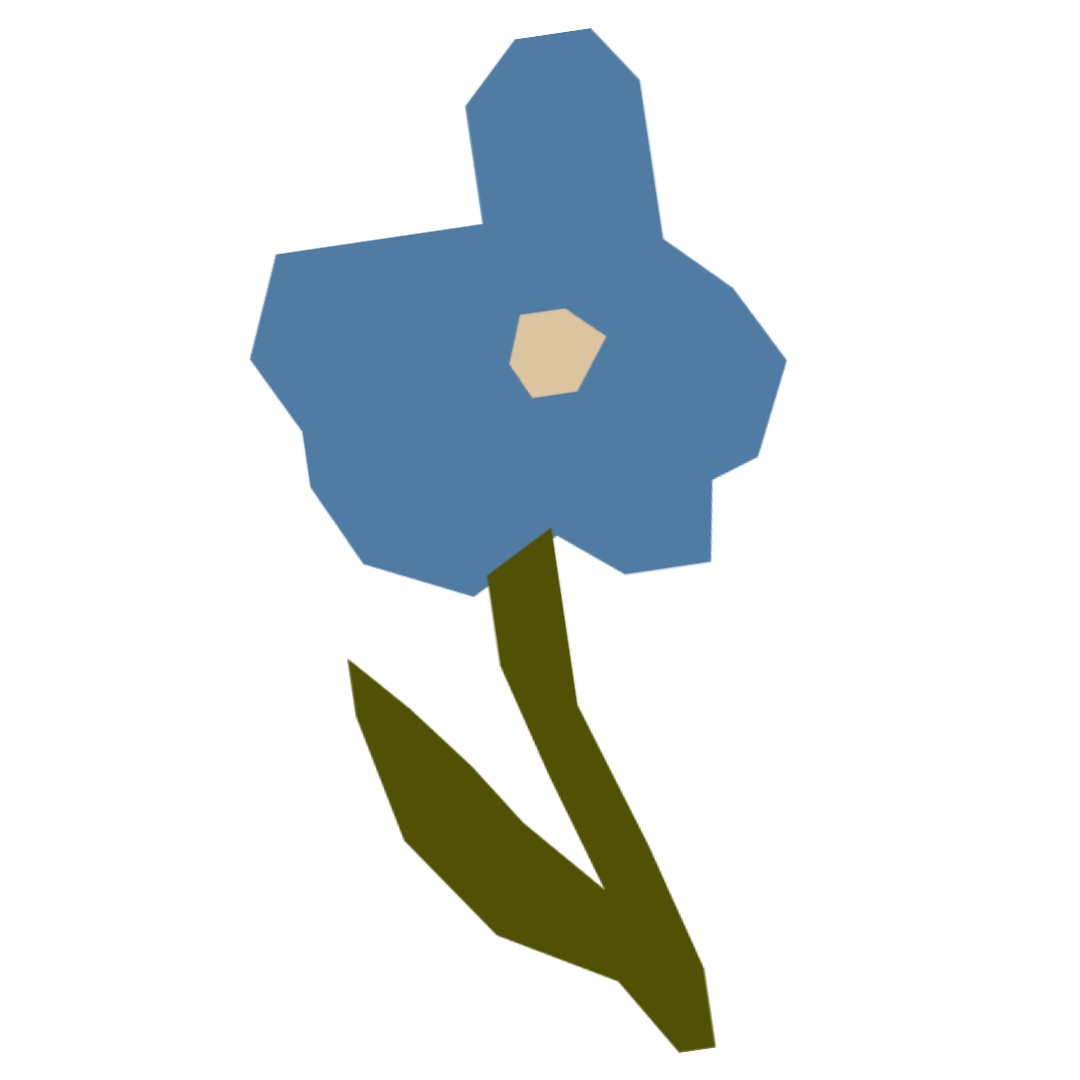 A stylized illustration of a blue flower with a beige center and dark green stem and leaves.