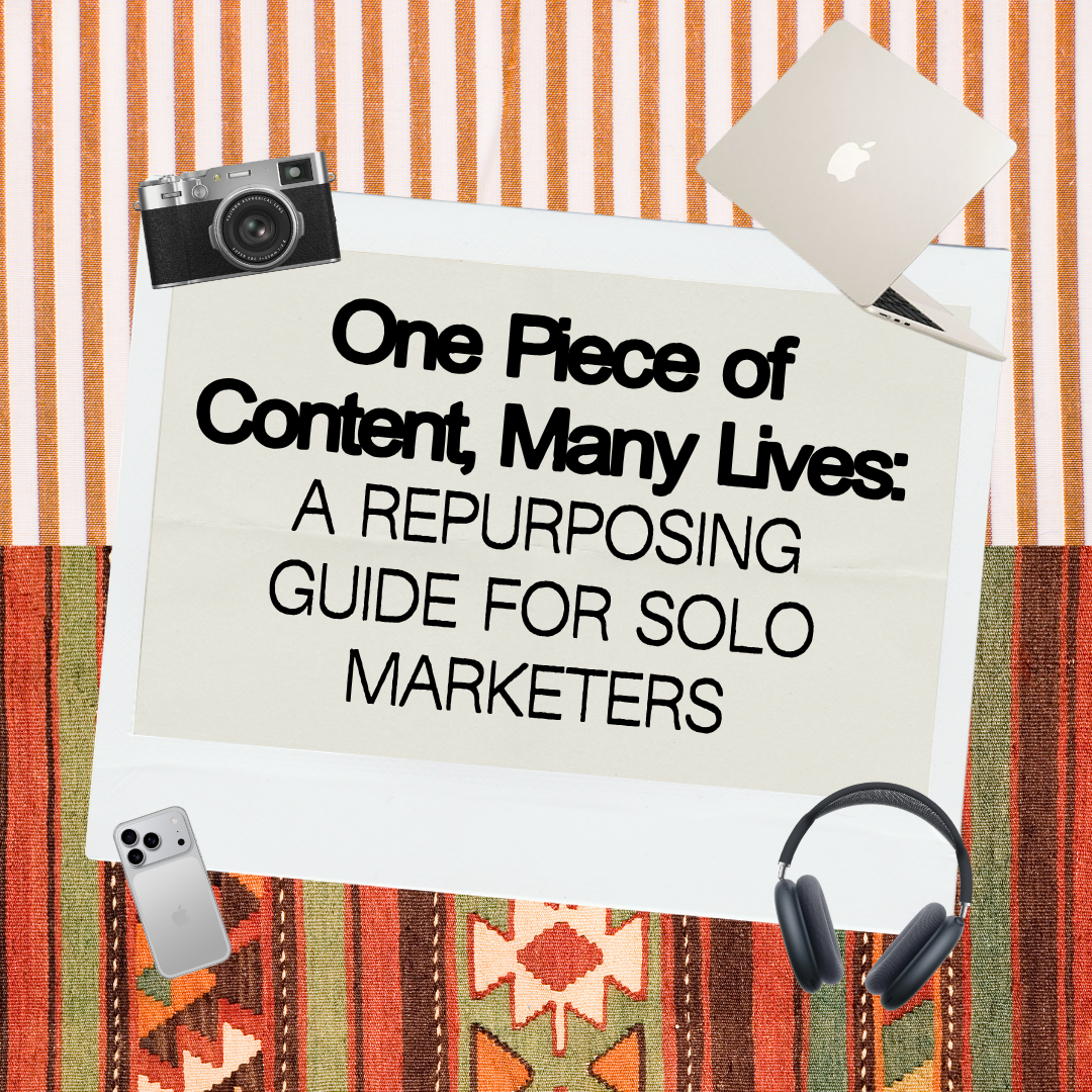 graphic of a single document radiating into five icons — a caption, an FAQ, a short series, a voice note, and a video — visualizing one piece of content repurposed into multiple formats.
