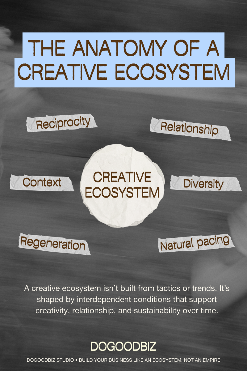 Diagram illustrating the core elements of a creative ecosystem, including reciprocity, relationship, diversity, context, slowness, and regeneration.