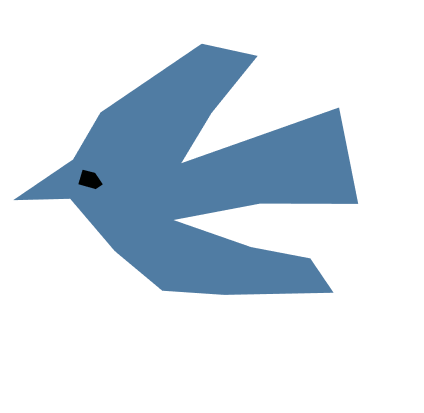 Silhouette of a bird in flight, facing left, with a pointed beak and angular wings.