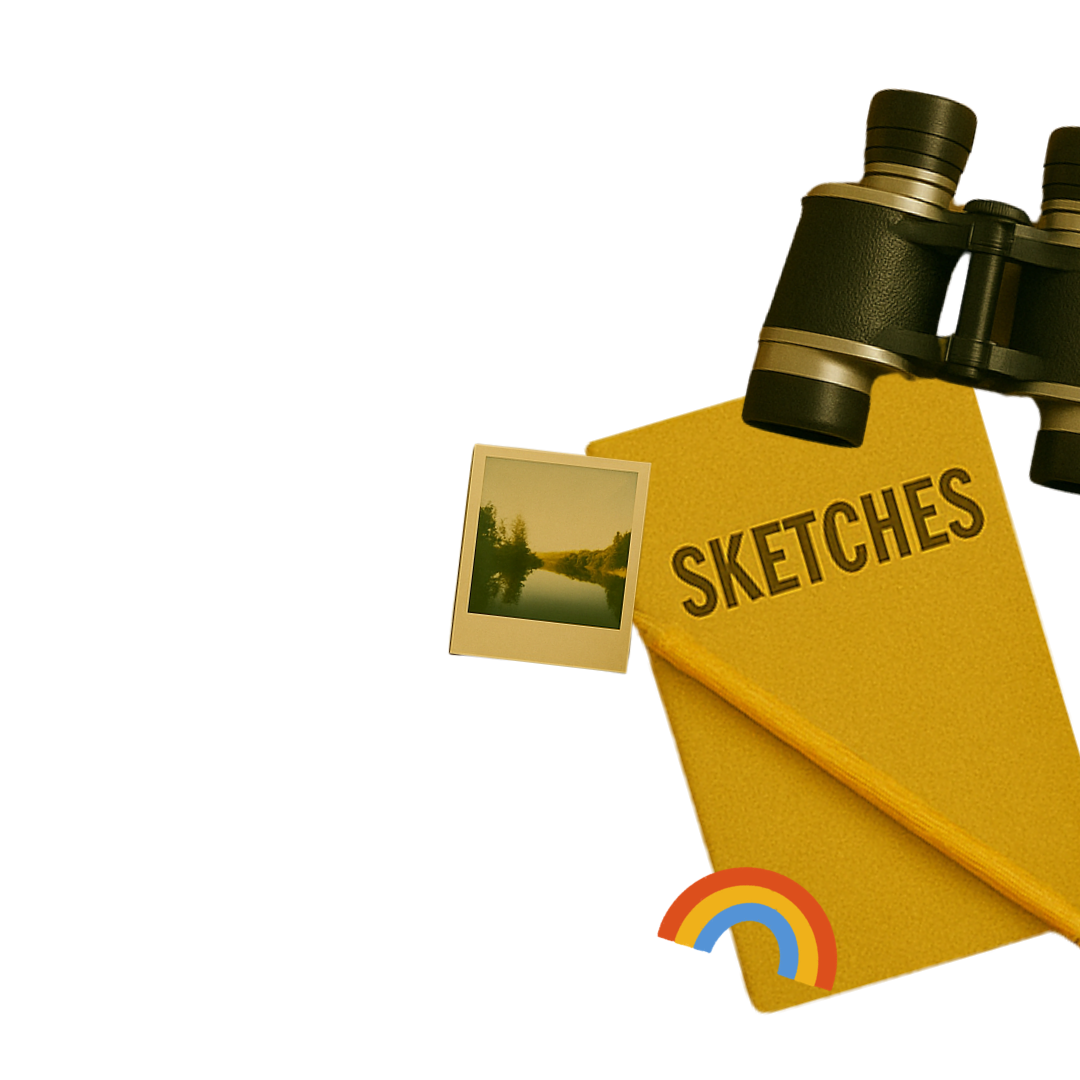 A yellow sketchbook with the word "SKETCHES" on it, a pair of binoculars, a small Polaroid photo of a river scene, a rainbow sticker, and the top of a pen at the top right corner.