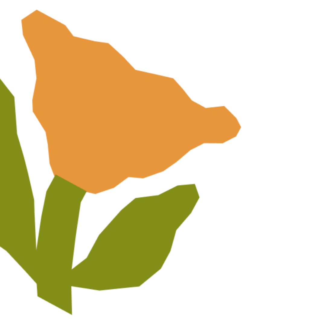 A simple illustration of a single orange flower with green stem and leaves.