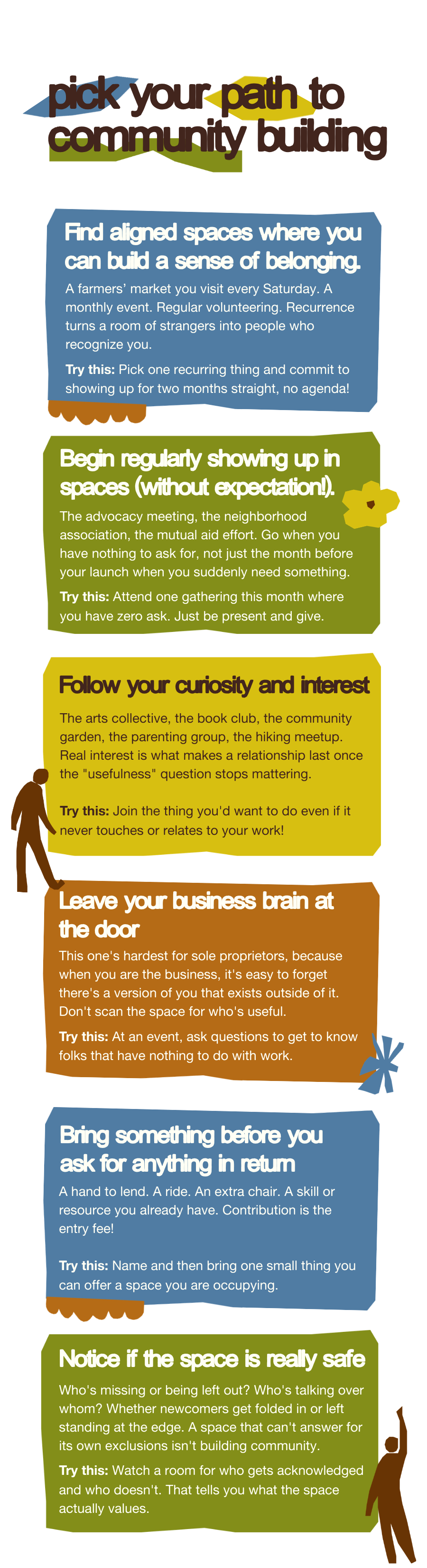 hand-drawn field guide graphic showing six paths to community building
