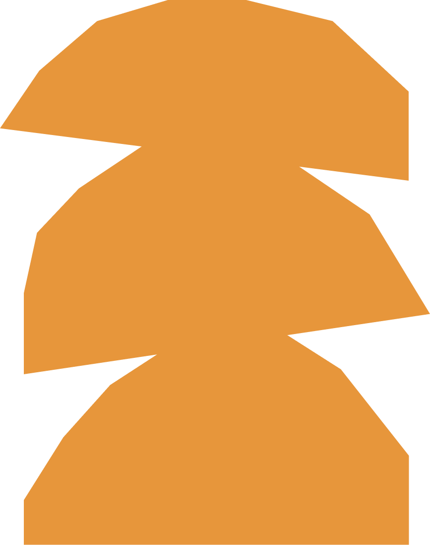 Three large, abstract, orange shapes aligned vertically against a black background.