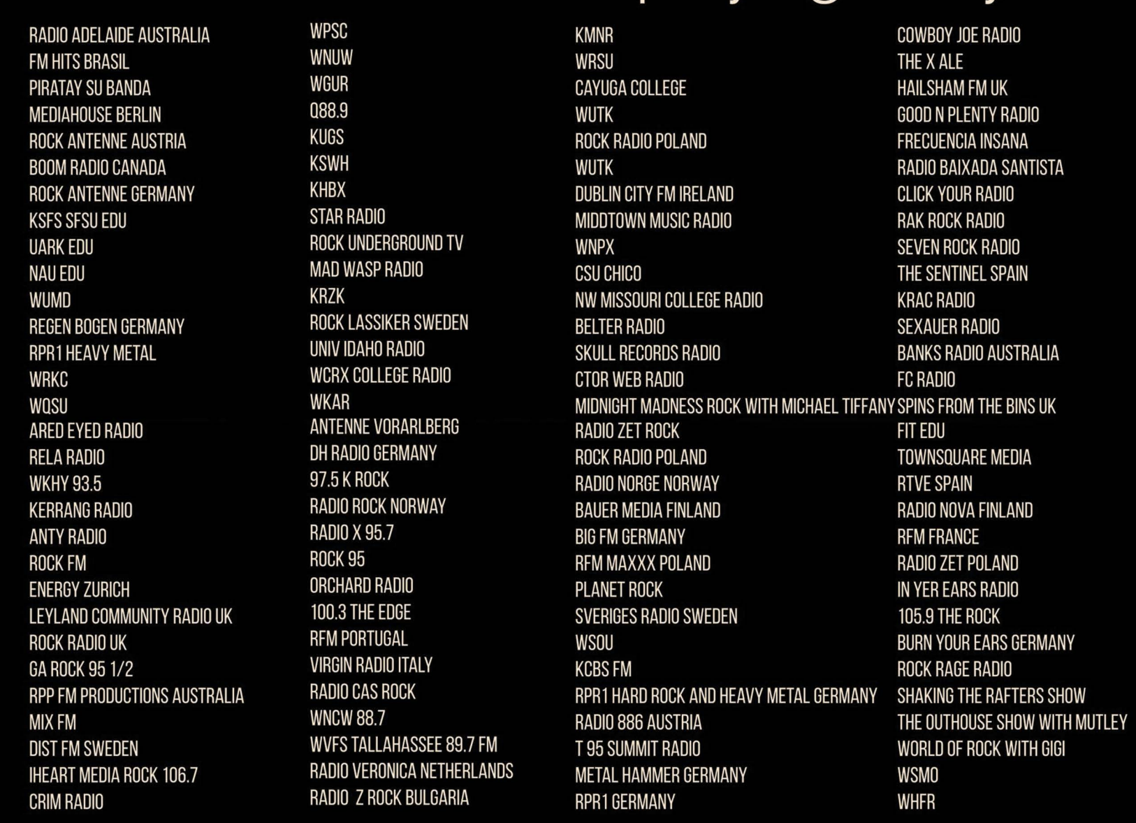 List of radio stations and programs from various countries including Australia, Germany, UK, USA, and more, displayed in black text on a black background.