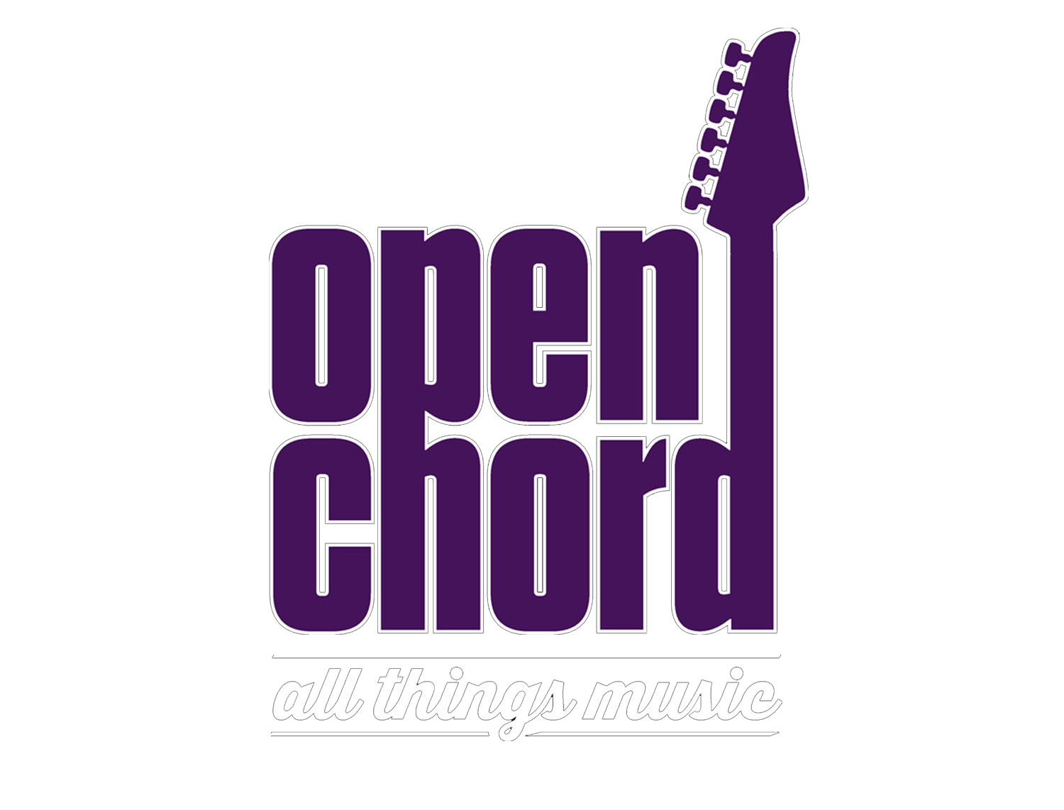 Logo with the text 'Open Chord' incorporating a guitar headstock design, subtitle 'all things music' below.