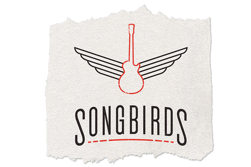 Logo of 'Songbirds' featuring a stylized guitar with wings on a textured background.