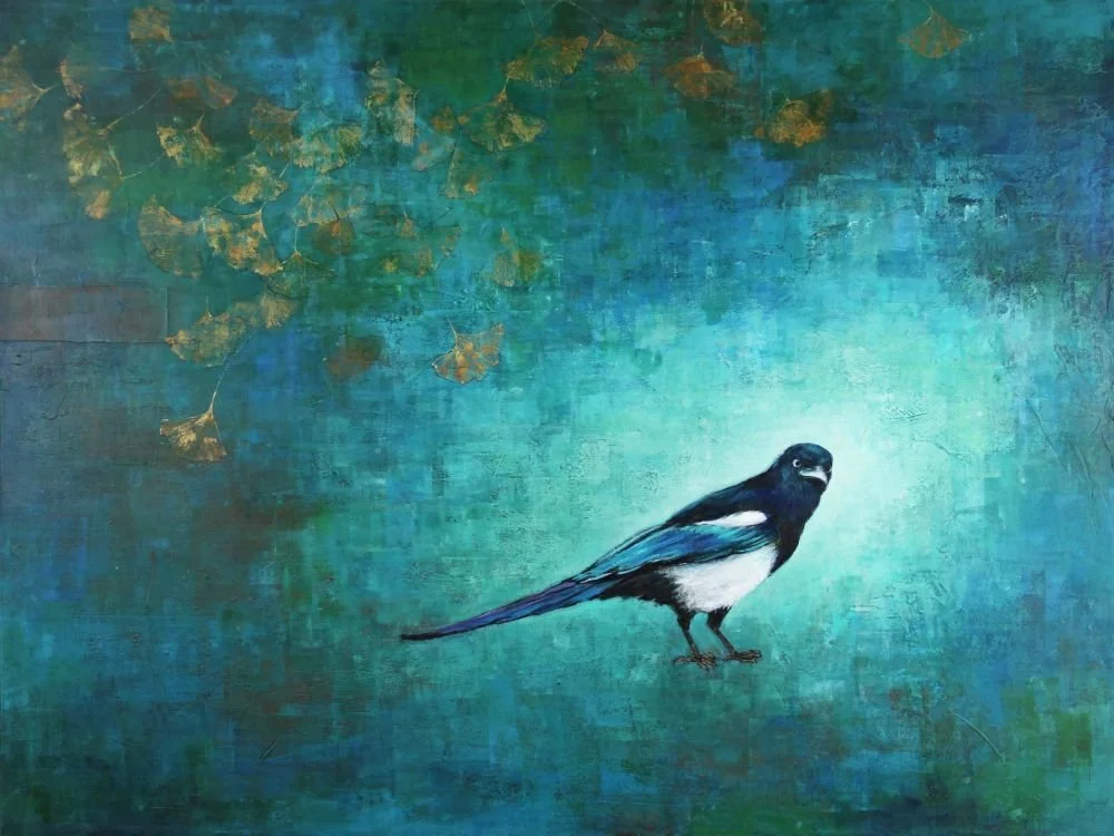 Bringer of Luck,  40" x 30",  acrylic & collage on canvas